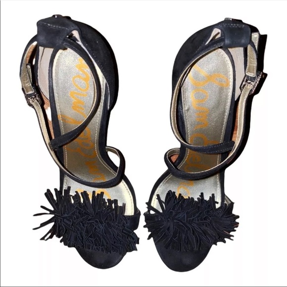 Sam Edelman Aisha Fringed Suede Womens Sandal Heels Open Toe Black 7.5 - Picture 2 of 8